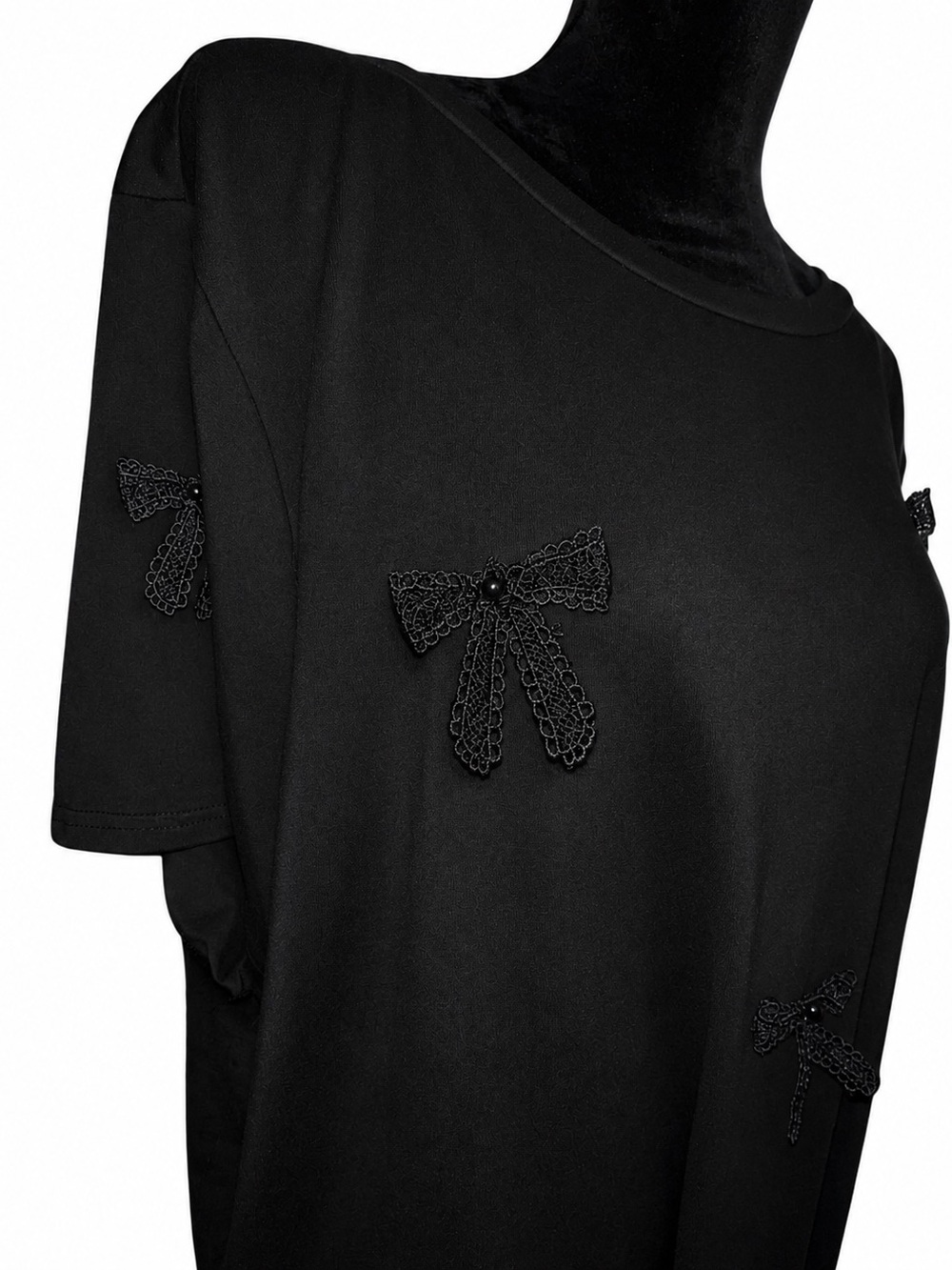 Black Tee Shirt Top Lace Bow Appliqué Accents